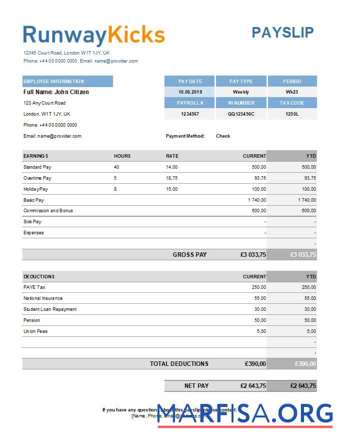 Realistic Runway Kicks company payslip template